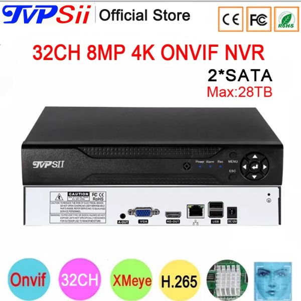 Recorder -Gesichtserkennung 12V HI3536C Xmeye Überwachung Video -Rekorder 8MP 4K 32Ch 32 Kanal H.265+ 2*SATA IP ONVIF WiFI CCTV DVR NVR