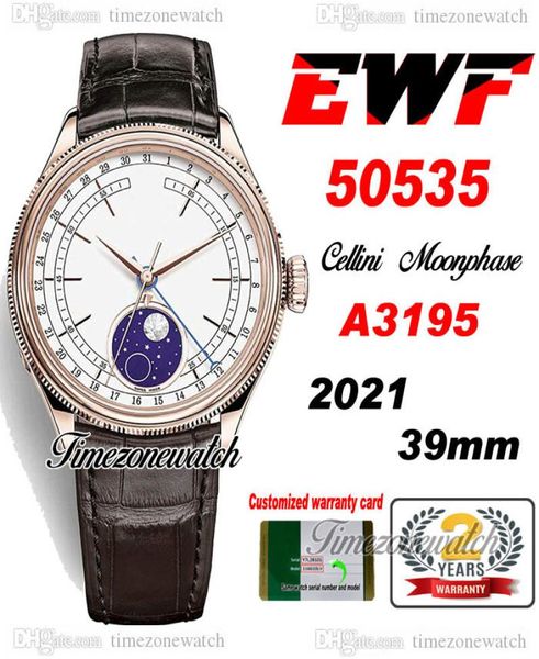 EWF Cellini Moonphase 50535 A3195 Automatische Herren Watch Rose Gold White Dial Real Meteorit Brown Leder Super Edition gleiche Serie8211441