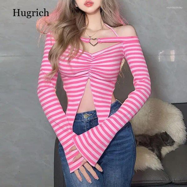 Женские футболки T Rink Stripe Top Top Sexy Hollow Out Halter с длинным рукавом от плеча футболка Womancual Spring нерегулярные тонкие малыки