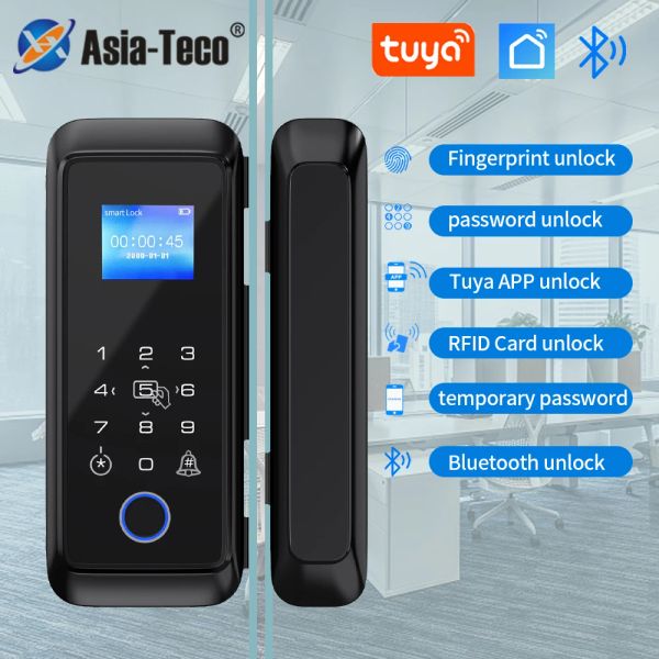 Bloquear Tuya Bluetooth Fingerprind Porta de vidro Bloqueio Inteligente gancho duplo RFID 13.56MHz App/impressão digital/M1 Card/Senha Desbloqueio