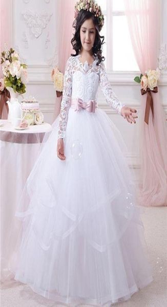 2018 billige weiße Blumenmädchenkleider für Hochzeiten Spitze Langarm Girls Festzugskleider Erstes Kommunion Kleid Little Girls Prom B1424202