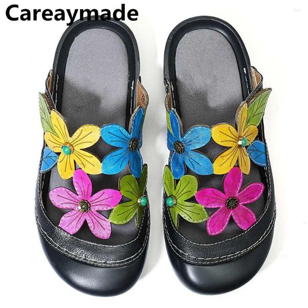 Hausschuhe Careaymade-Folk-Stil echte Lederbreite Sommer Flach unten Schwarz Retro High Heel Ethnic Fish Mund Gummi Frauen