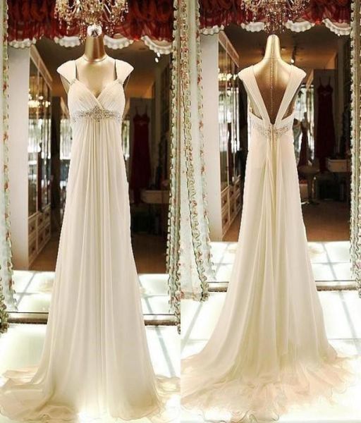 Vestidos de noiva da cintura Império POS 2019 com faixa de backless de backless de chiffon uma linha de nupcial vestidos de noiva