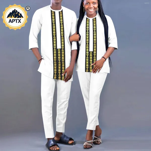 Abbigliamento etnico Outfit abbinamento africano per coppie Dashiki Women and Men Agbada Gold Appliques Top Pant Sets Bazin Riche Kaftan Y23C036