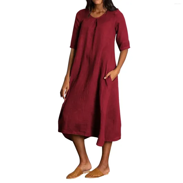 Vestidos casuais Moda feminina Round Ncond Split Split Sleeve Long Color Sólida linho de algodão da moda e simples roupas