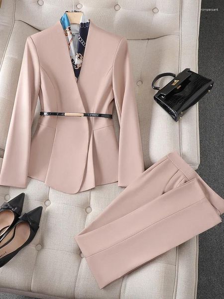 Frauen zweisteuelische Hosen elegantes Büro -Hose -Anzüge Frauen koreanische Mode Langarm gegen Nacken formelle Blazerhosen Herbst Winter 2 Set