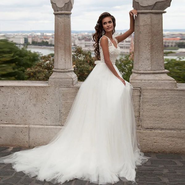 Abiti abiti da sposa in tulle semplici in pizzo 2019 Scoop Abiti aline Abito da sposa Abito da sposa abiti da sposa con sash Vestido