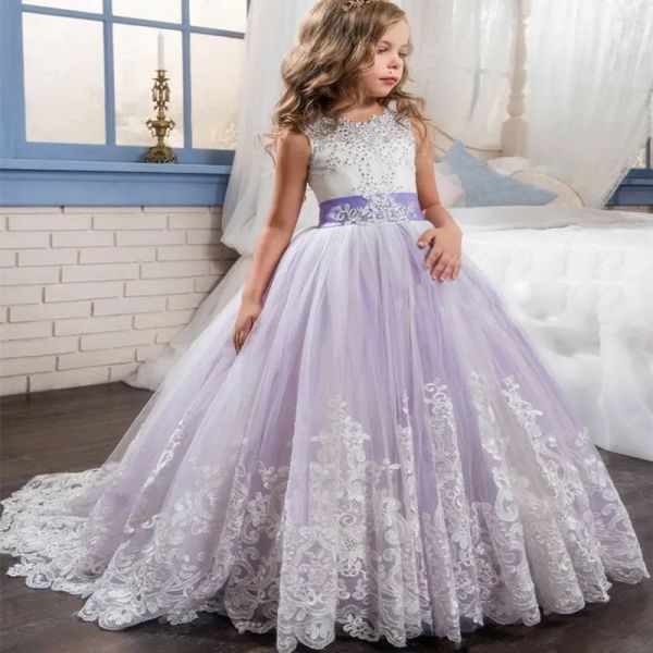 Vestidos 2017 lindas vestidos de vestidos de miçangas roxas e brancas de miçangas de renda com renda de renda para crianças para festa de casamento