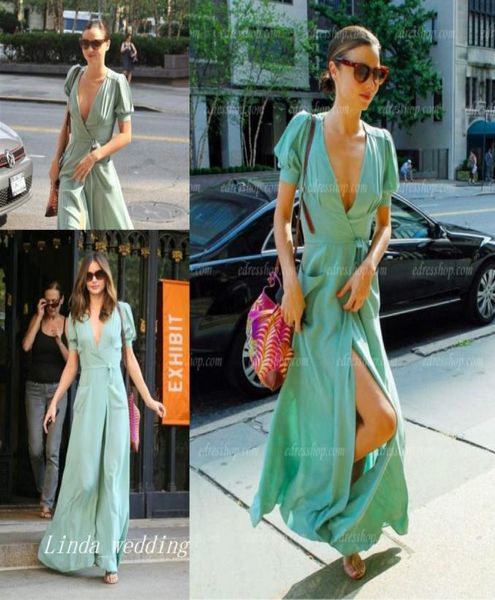 Mint Green Miranda Kerr Vestido de noite novo Sexy Deep Vneck Chiffon Long Festy Distress Celeybrity Dress4342329