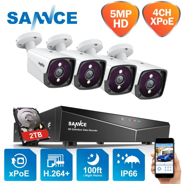 Sistema Sannce 4CH 5MP Poe Video Security System 5MP ao ar livre à prova de intempéries Night Vision IP Câmera de vigilância sem fio CCTV Kit