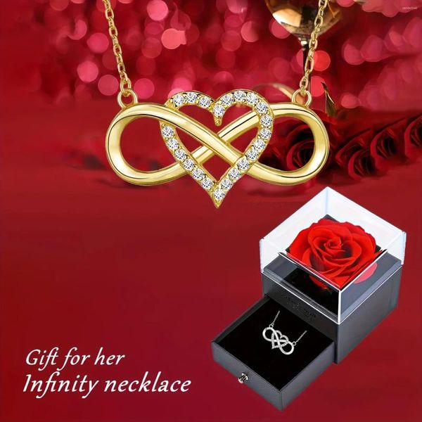 Anhänger Halskette Elegant Infinity Heart Form Halskette mit Luxus Rose Geschenkbox für Freundin Frau Weihnachtsfest Valentinstag Jubiläum