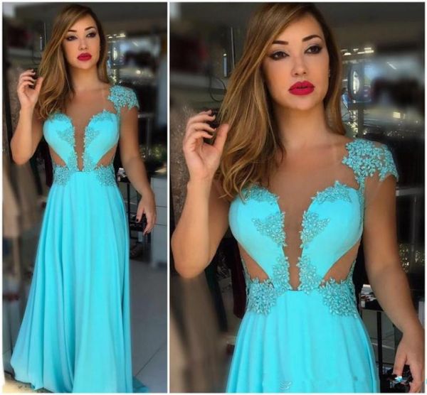 Türkisfarbene Kleider Abendkleidung 2018 Sheer Neck Cap Ärmeln sexy Illusion Prom Kleid Aline Lae Appliken Perlen bodenlange Party9664679