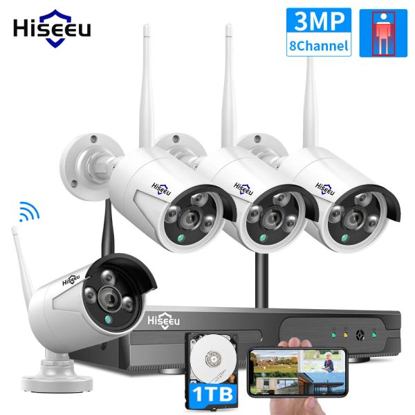 System WiFi IP Bullet Camera 3MP 1536p 8Ch NVR Wireless CCTV -Sicherheitssystem Kit Infrarot 4pcs Cam Remote anzeigen 1T HDD