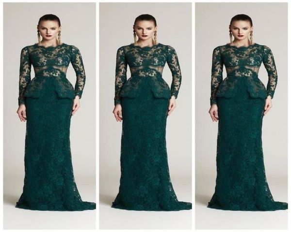 2020 New Dark Green Full Lace Mermaid Formal Abendkleider Crew Langarm Peplum Sexy Party Prom Kleiderkleider Vestidos de Festa3127279