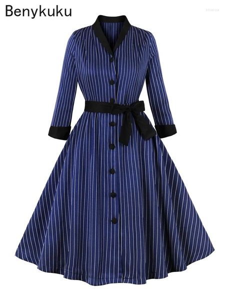 Sıradan elbiseler lacivert çizgili tek göğüslü kuşaklı vintage parti elbise kontrast yaka 3/4 uzunluk kol kadın kıyafetleri için sonbahar