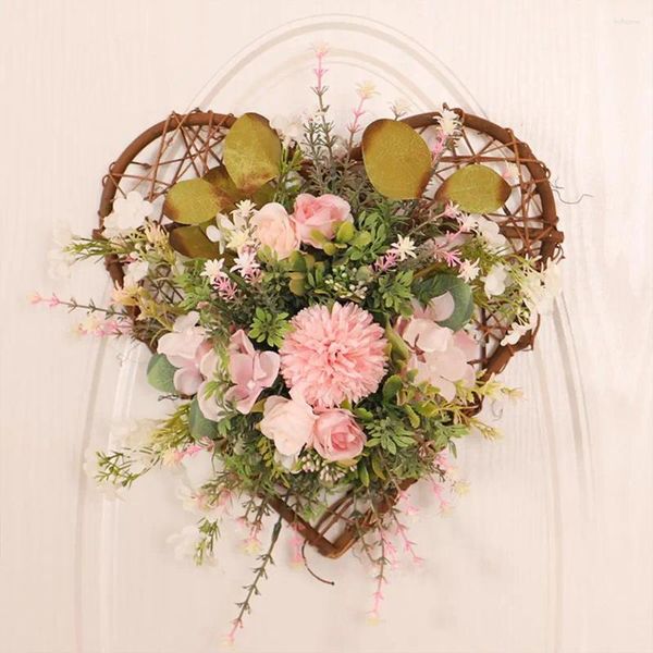 Flores decorativas de grinalda artificial pendurada na simulação 3d guirlanda em forma de coração para a janela da porta casamento em casa decoração de natal