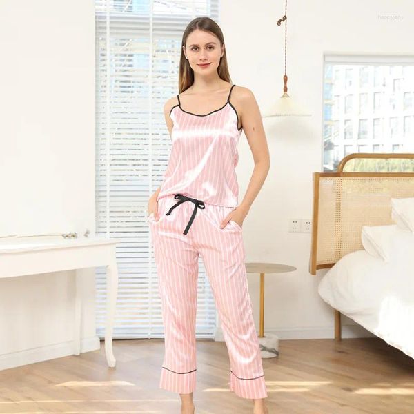 Kadınların Sweetwear Seksi Pijamalar Takım Nightwear Yaz Pembe Askı Elastik Bel Pantolon Kadınlar İpeksi Saten Pijama Seti