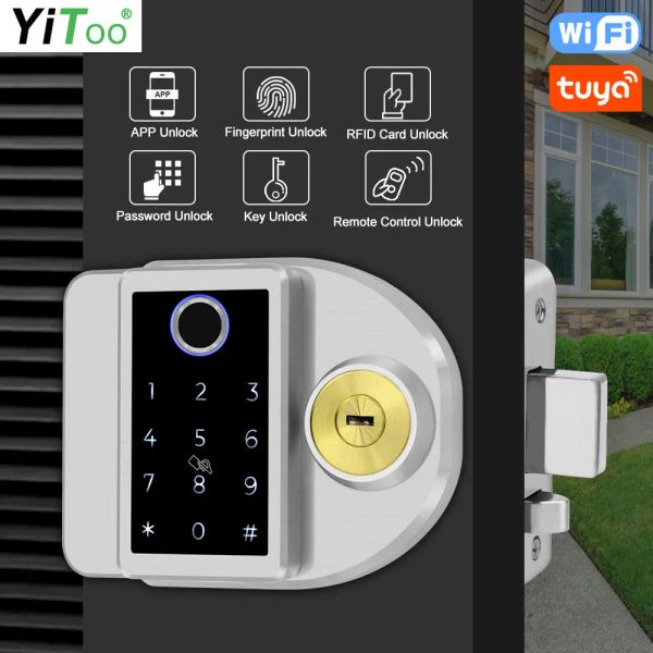 Blocca Yitoo Wifi Fingerprint Lock Acciaio inossidabile in acciaio IP65 Blocco impermeabile esterno Tuya Remote Control Schede RFID Sblocca batteria USB