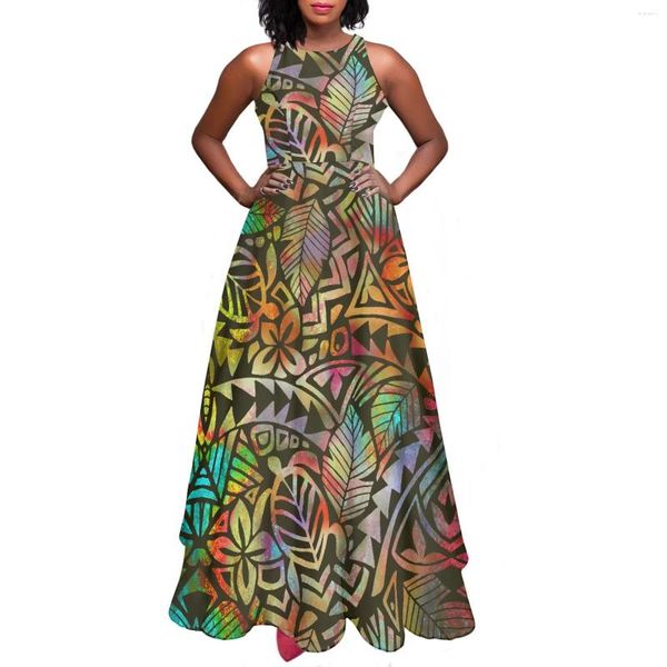 Lässige Kleider traditioneller Stammesfrauen Frauen Sundgress Vintage Maxi Party ärmellose Kleid Hawaii Tattoos Print Sommer lang eleganter Mode Dres