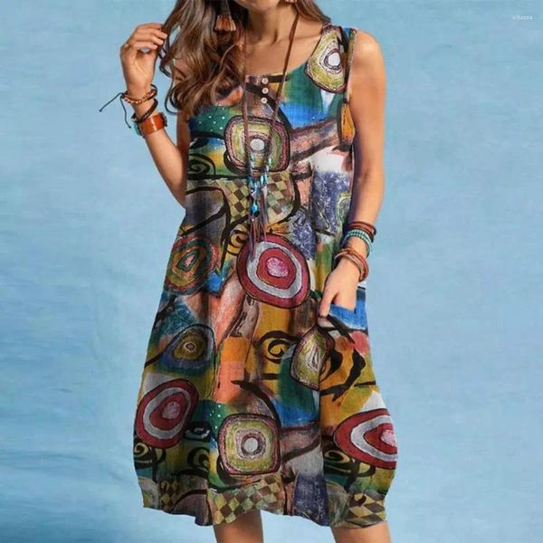 Lässige Kleider 1PC Weiche Frauen Sommerkleid Bunte Graffiti -Druck lose Strandtaschen Urlaub knielange atmungsaktive Dame Midi