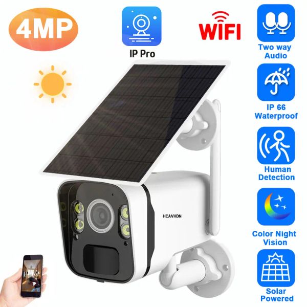 Câmeras solares de segurança solar de câmeras 4MP Câmera de segurança Wi -Fi Outdoor color noturn vision wireless câmera IP com 96000mAh Bateria recarregável P2P