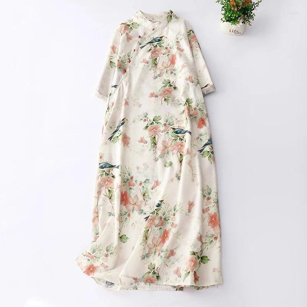 Vestidos casuais Limiguyue verão Ramie Floral Print Dress A-Line Midi Literário Linho de algodão Mulheres respiráveis estilo chinês vestidose519