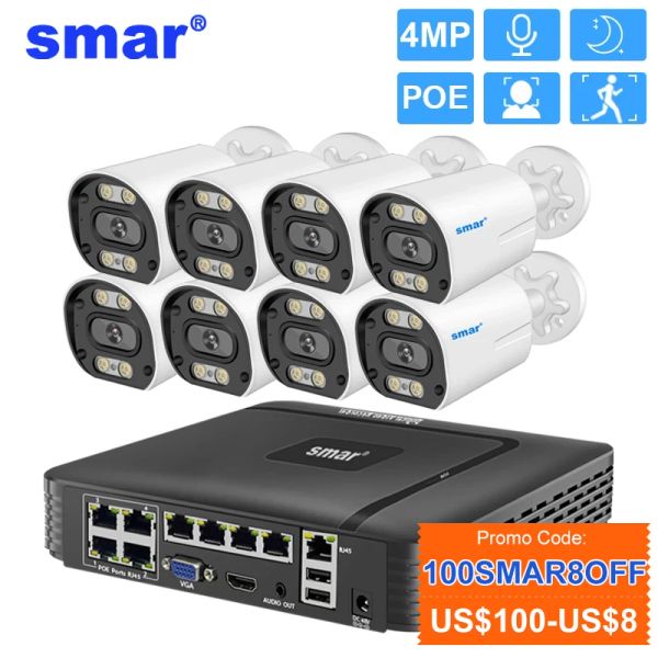 Band Sarmar 8Ch 4MP 4K POE NVR Sicherheitskamera -System Kit H.265 CCTV -Bewegungserkennung Smart Face Detection Color Night Vision Xmeye App