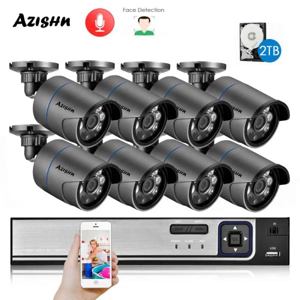 System Azishn H.265+ 8Ch 4MP POE -Sicherheitssystem NVR Kit 2560*1440 Audio -IP -Kamera Outdoor -Gesicht Erkennende CCTV -Videoüberwachung NVR Set