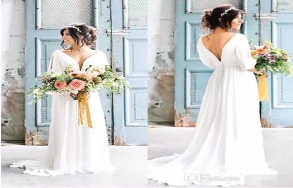 Seksi Vneck Sırtsız Yunan Gelinlik 2017 Robe De Mariage Bohemian Plajı Gelin Elbise Kollu Ülke Düğün