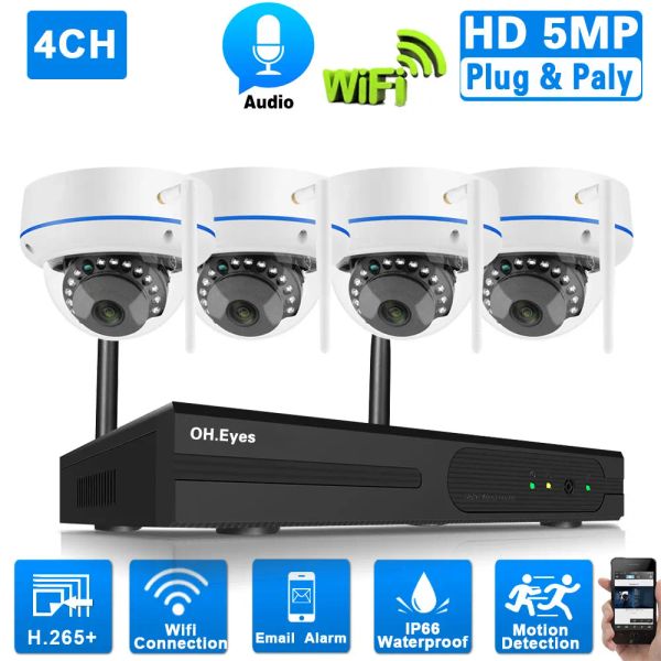 Sistema 5MP de segurança ao ar livre cúpula de câmera wi -fi Sistema sem fio Conjunto de 4CH kit de câmeras de vigilância de vídeo WiFi NVR Kit H.265