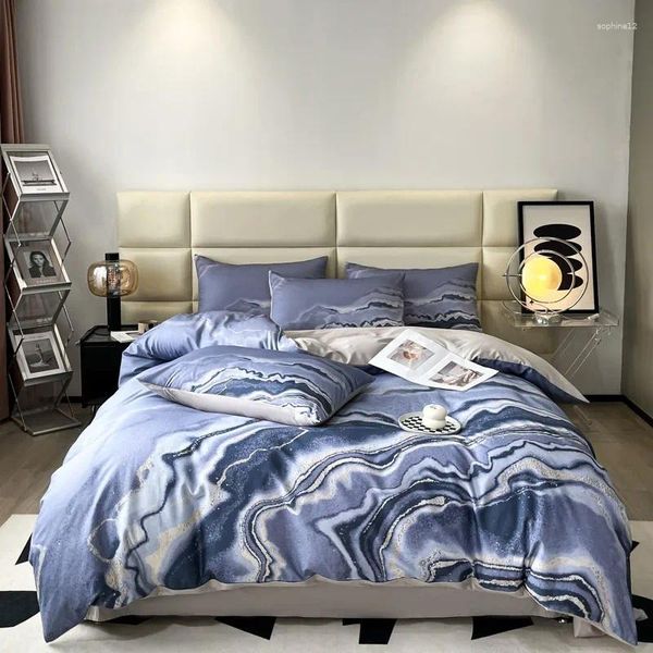 Bettwäsche Sets Baumwoll weiß blau Luxus -Chic -Set lebendiger abstrakter Kunstdesign Bettdecke Weiche bequeme Bettlaken Kissenbezug 4pcs