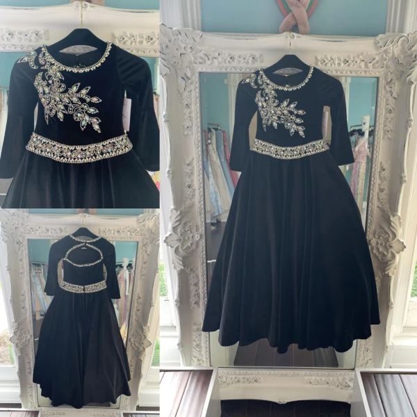 Vestidos vestidos de concurso de veludo preto para adolescentes 2019 Bling Rhinestones vestidos de concurso longos para meninas festas formais usam mangas compridas R