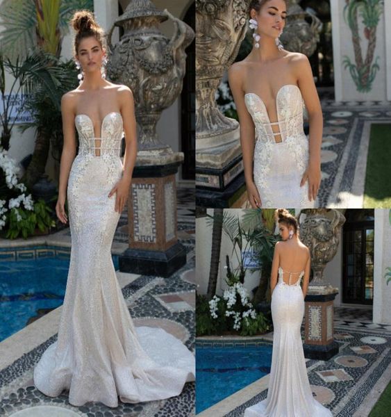 2019 Yaz Berta Mermaid Gelinlikler Tweetheart Sweep Train Boncuk Lüks Plaj Gelinlikleri 3D Çiçek Aplikler Sırtsız Çarşamba 8615048