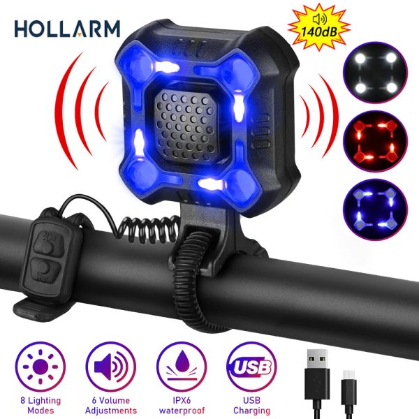 Kits Hollarm Fahrradhornalarm -Scheinwerfer IPX6 wasserdichte USB -Lade -Nacht -Fahren Starkes Fahrradlicht 140 dB Sicherheitsalarm Bike Bell