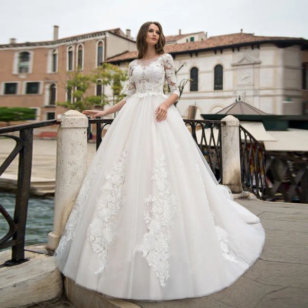 Elbiseler vestido de noiva 2019 Uzun Kollu Gelinlik apliketleri balo elbiseleri beyaz tül dantel bridaldress vback boncuk oneck elbise weddi