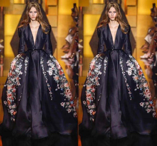 Платья 2016 Черный рисунок Elie Saab Вечерние платья Deep V Sece с длинными рукавами атласная подключи