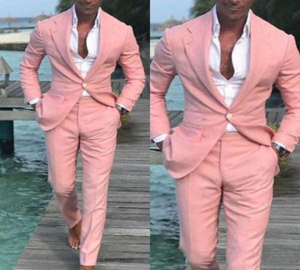 Summer Linen Pink Beach Wedding Tuxedos Batto a punta un bottone da sposa da abbigliamento da uomo formale giacca pantaloni giacca Holida3118632