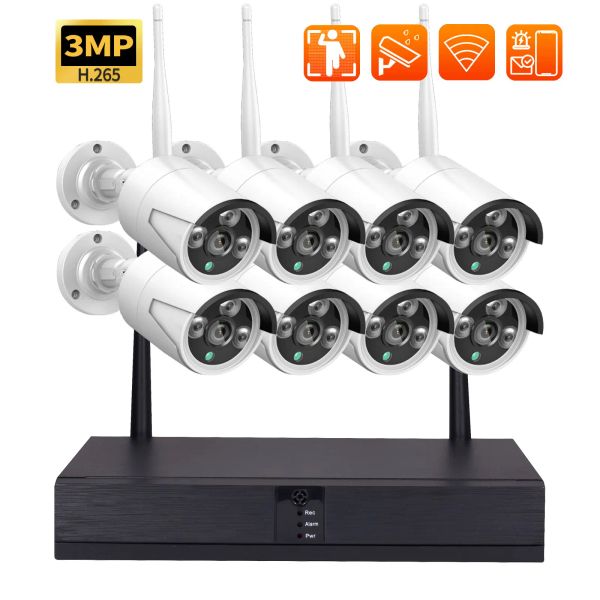 Sistem 8CH WIFI NVR Video Gözetim Sistemi P2P 3.0MP AI Ses Kamera Seti Yüz Algılama Su Geçirmez Açık Güvenlik Kameraları CCTV Kiti