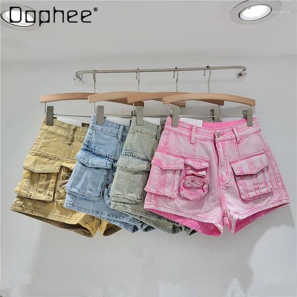 Damen-Shorts Girl Overalls Denim 2024 Sommer Lose All-Match-gewaschene A-Linie Abschleiftes Bein kurzer Jeanshosen für Frauen