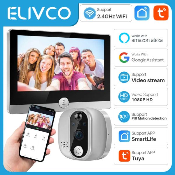 Дверные звонки Tuya Video Door Dover Wi -Fi Geephole Door Bell Ip камера 1080p с 4,3 -дюймовым дисплеем экрана Smart Life работает с Alexa Google Home