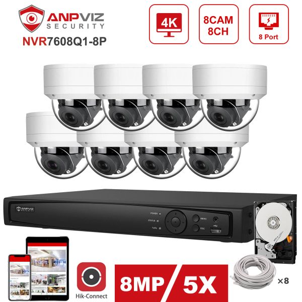 Sistema Hikvision OEM 8CH 4K NVR ANPVIZ 8MP IP PTZ 5X Câmera de zoom Poe IP Kit de segurança ao ar livre Audio cctv Câmera P2P View H.265