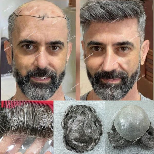 Toupees singoli nodi per capelli umani maschile toupees durevoli spessi protesi ultra cutanea per la pelle per maschio 1b65 system grigio grigio