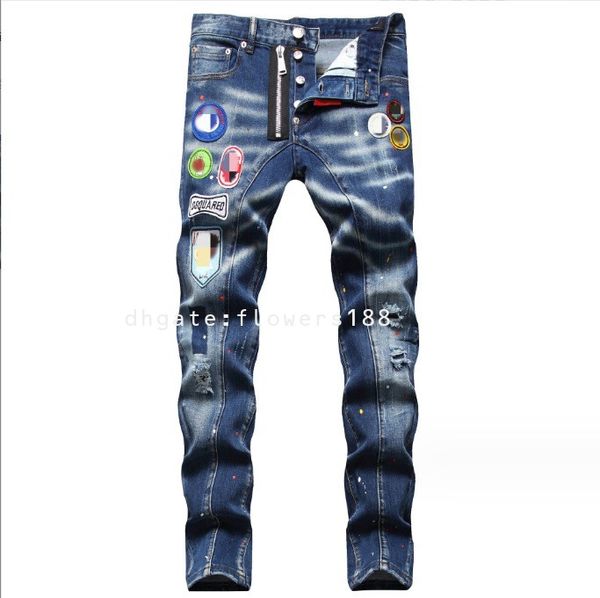 Zweite quadratische rote Männer Jeans 2024 Abzeichen bestickte Stretch Jeans zerrissene handgemalt