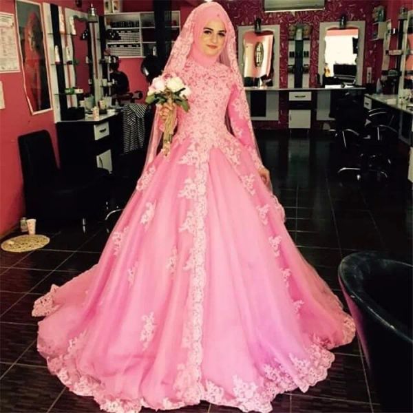Vestidos altos de mangas compridas vestido de noiva rosa muçulmano com lenço de lenço Aplique vestido de noiva de tule, vestido de noiva do Oriente Médio