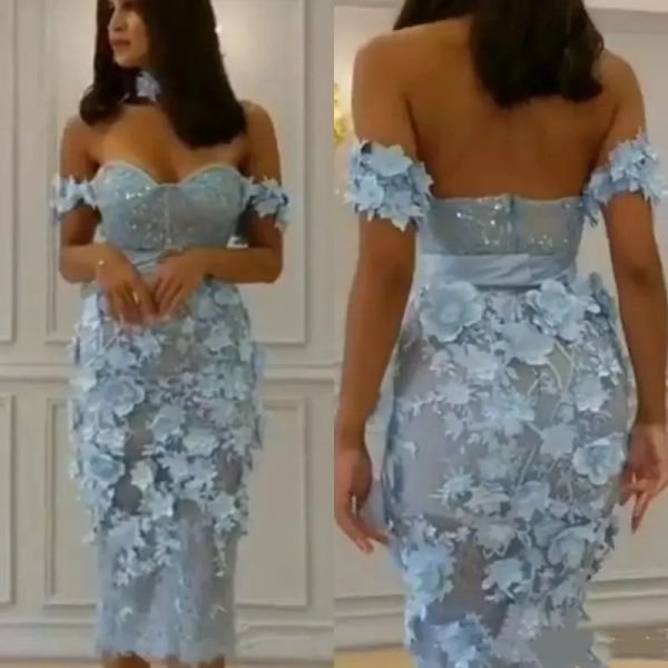 Vestidos sexy curto deslocamento de flores de baile de bail vestidos claros azul 2022 comprimento de chá com cequeta de espartilho de renda com cera