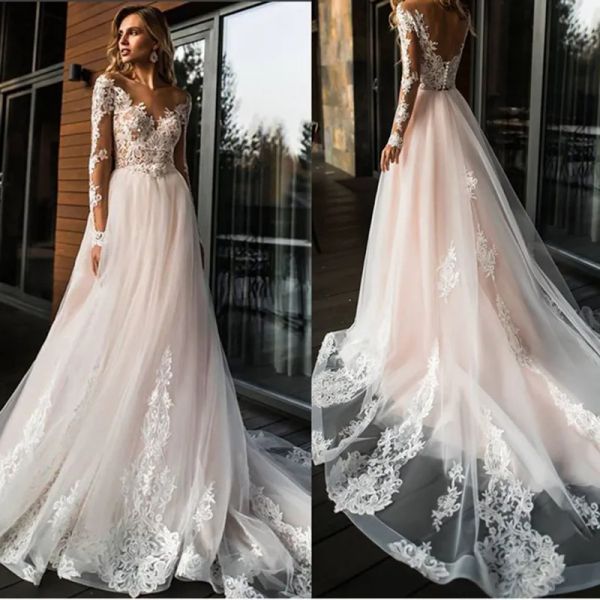 Abiti 2022 Abito da sposa a maniche lunghe in avorio rosa blush abiti da sposa per abiti da sposa lece applique pace