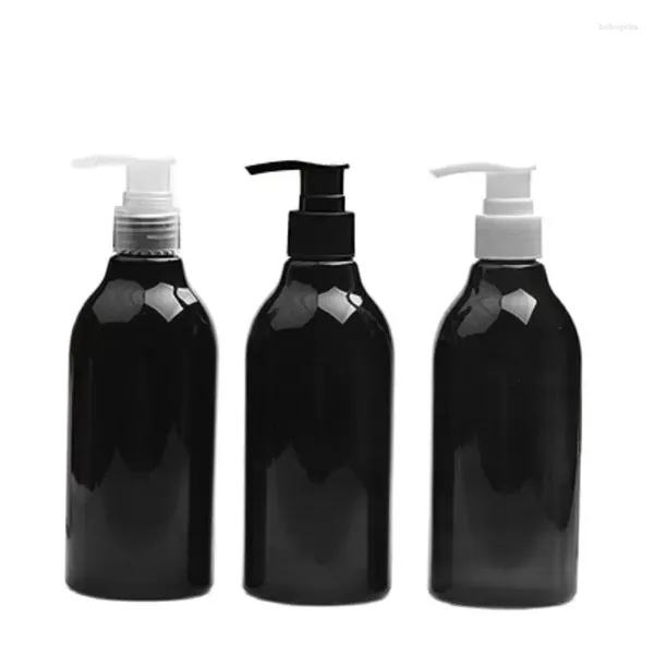 Garrafas de armazenamento garrações de loção preta brilhante PLÁTICO PET VAIO DE 300 ml 15pcs Bombea branca Bomba de embalagem Recipiente cosmético recarregável