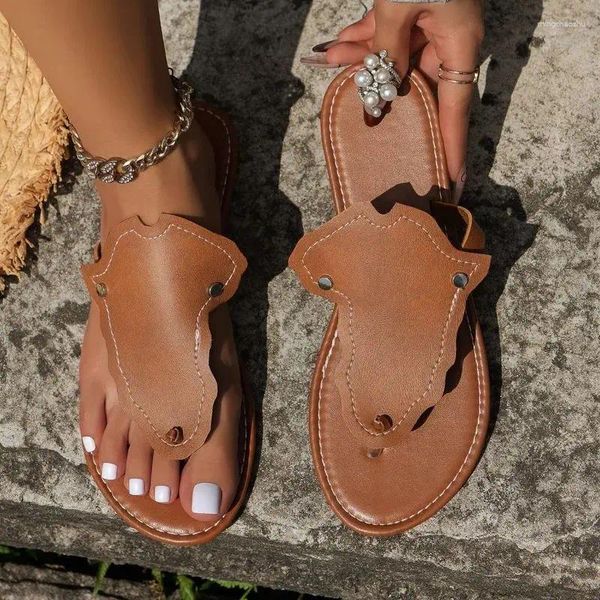 Sandals perizoma per donne scarpe aperte in punta da spiaggia piatta da donna con fibbia infrasoli in pelle