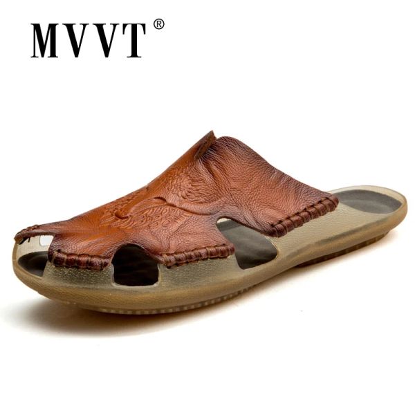 Sandalet yumuşak deri sandaletler erkekler flip floplar sandalias erkek yaz ayakkabıları konfor deri sandalet içi boş erkekler ayakkabı ayak aşınma