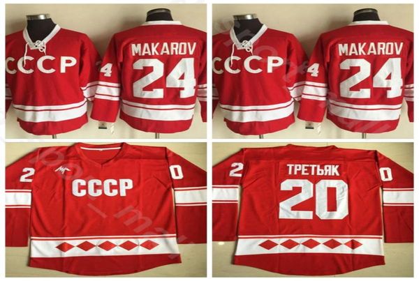 CCCP 1980 Jersey de hóquei da Rússia Ice 24 Sergei Makarov 20 Vladislav Tretiak Vermelho branco All costurado para fãs de esporte High Quality7281408